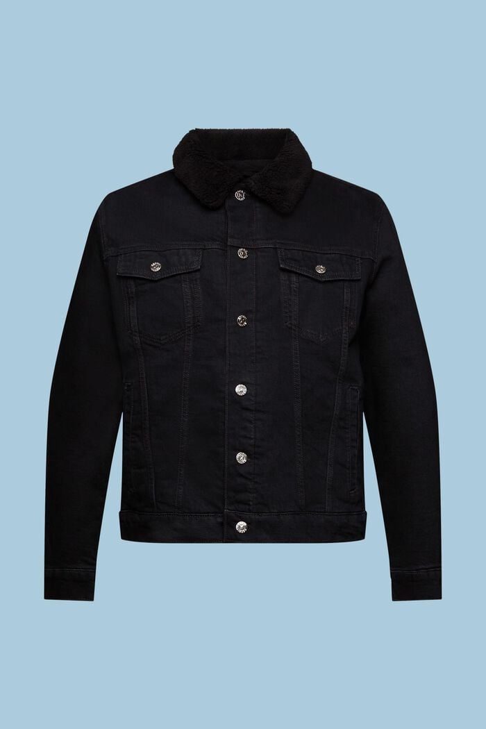 Veste en jean à imitation fourrure façon bouclette à l'intérieur, BLACK DARK WASHED, detail image number 8