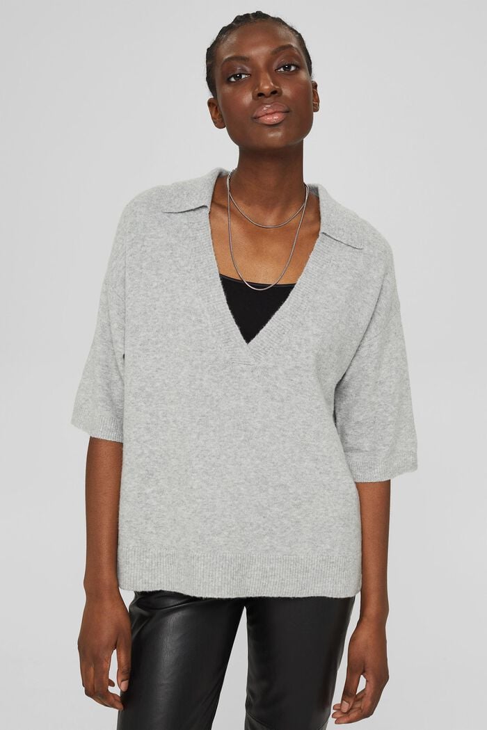 Mit Wolle: Kurzarm-Pullover mit Hemdkragen, LIGHT GREY, detail image number 0