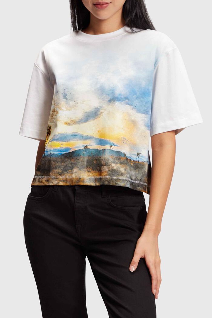 Cropped-T-Shirt mitLandschafts-Print im Farbverlauf vorne, WHITE, detail image number 0