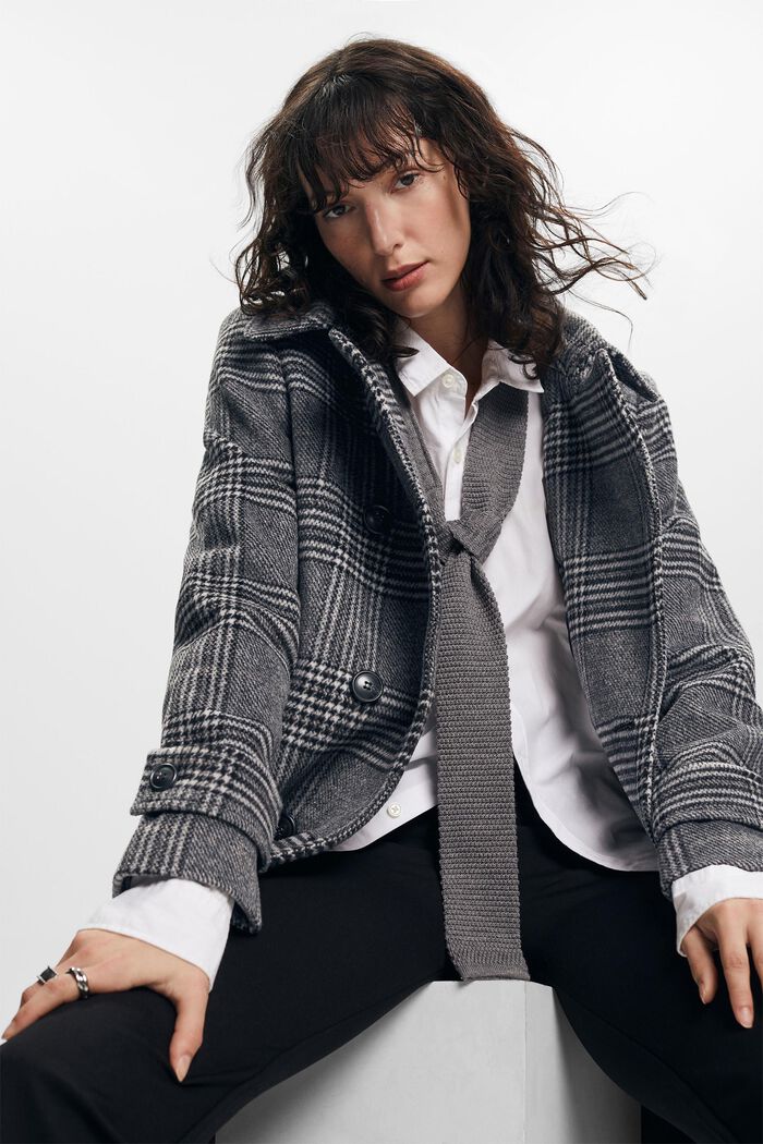En matières recyclées : manteau à carreaux en laine mélangée à teneur en cachemire, BLACK, detail image number 1