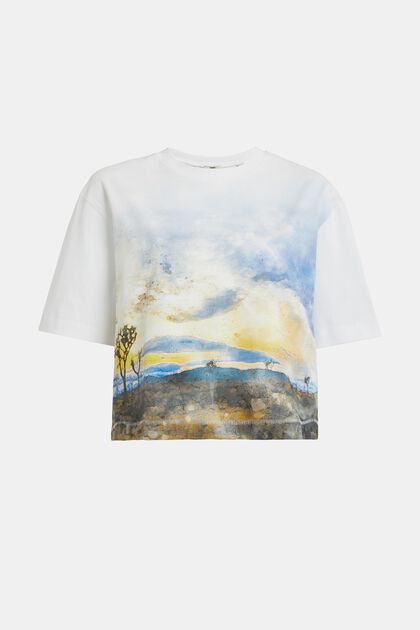 Cropped-T-Shirt mitLandschafts-Print im Farbverlauf vorne, WHITE, overview
