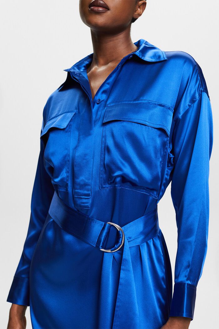 Robe longueur midi en satin de soie à ceinture, BRIGHT BLUE, detail image number 3