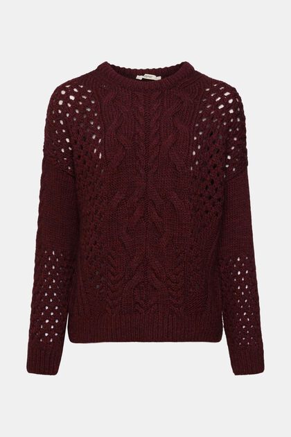 Pullover mit Zopf-Muster, BORDEAUX RED, overview