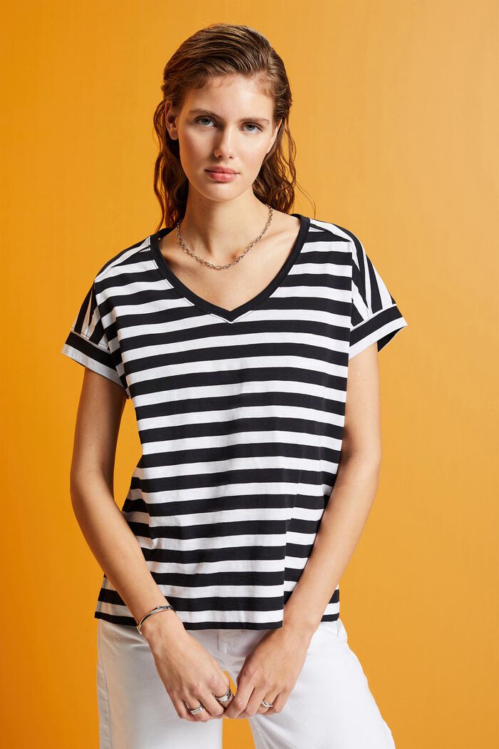 Gestreiftes Baumwoll-T-Shirt mit V-Ausschnitt, WHITE, detail image number 0