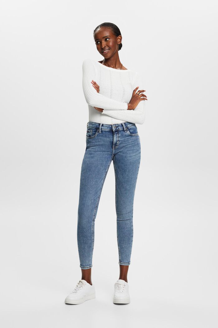 En matière recyclée : le jean stretch de coupe Skinny Fit taille mi-haute, BLUE LIGHT WASHED, detail image number 4