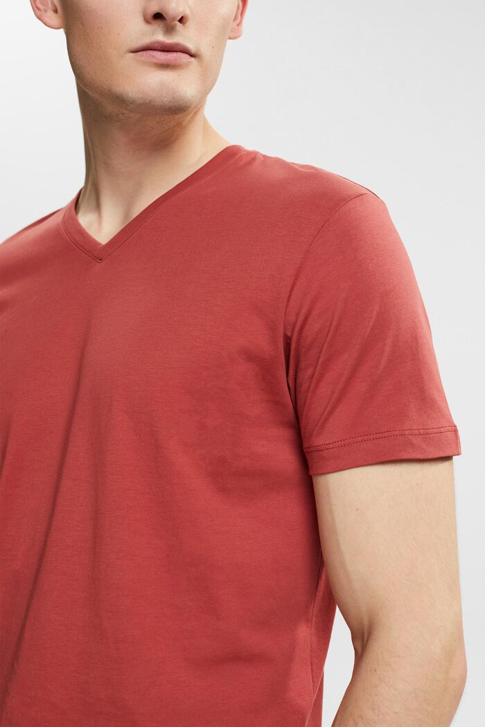 T-Shirt mit V-Ausschnitt aus nachhaltiger Baumwolle, TERRACOTTA, detail image number 0