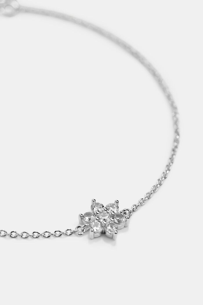 Bracelet orné d’une fleur pavée de pierres de zircon, argent sterling, SILVER, detail image number 1