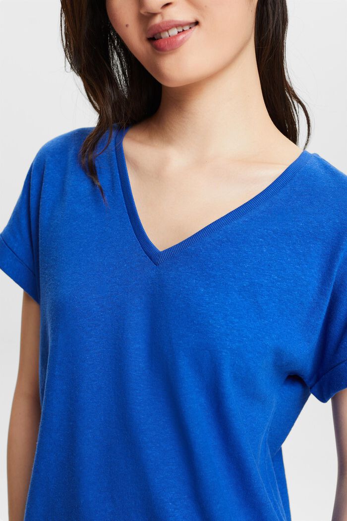 T-shirt à encolure en V en mélange de lin et coton, BRIGHT BLUE, detail image number 3