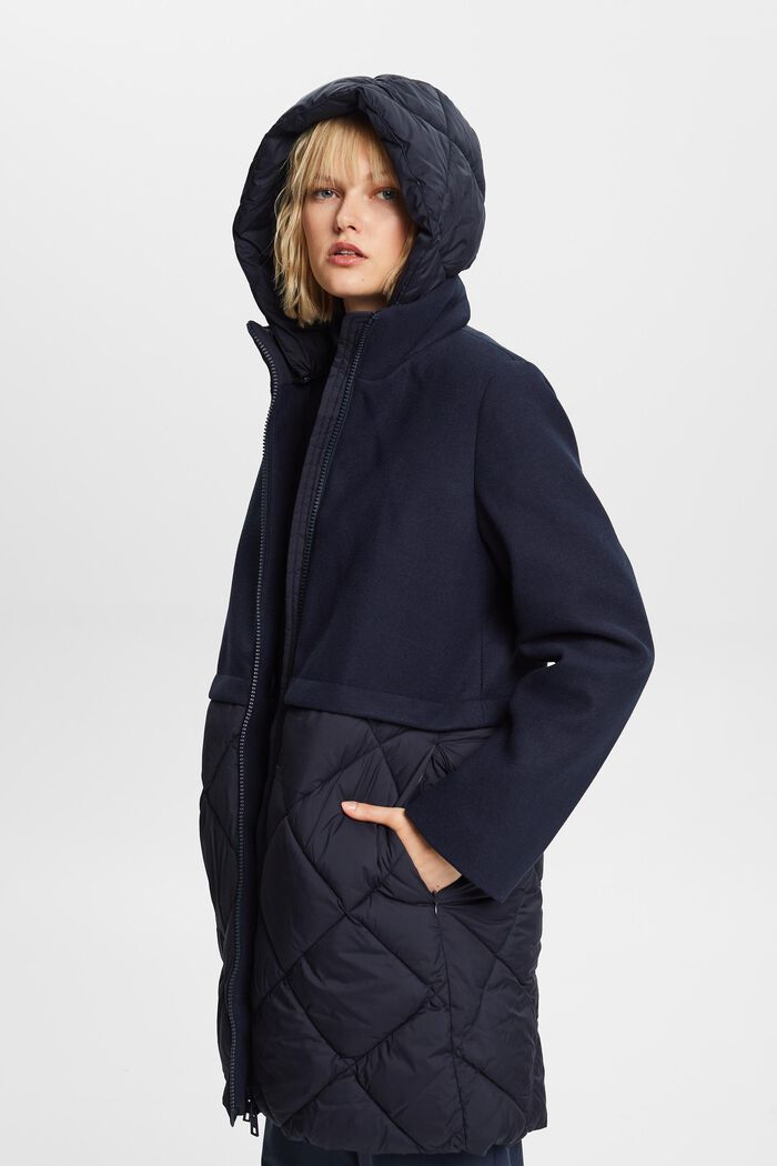 Manteau à capuche en matières mélangées, NAVY, detail image number 0