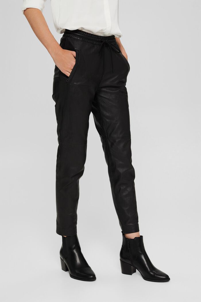 En cuir : le pantalon de jogging à taille à cordon de serrage, BLACK, detail image number 0