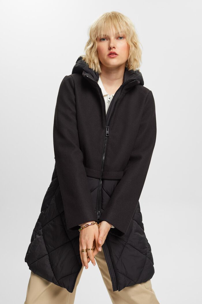 Manteau à capuche en matières mélangées, BLACK, detail image number 0