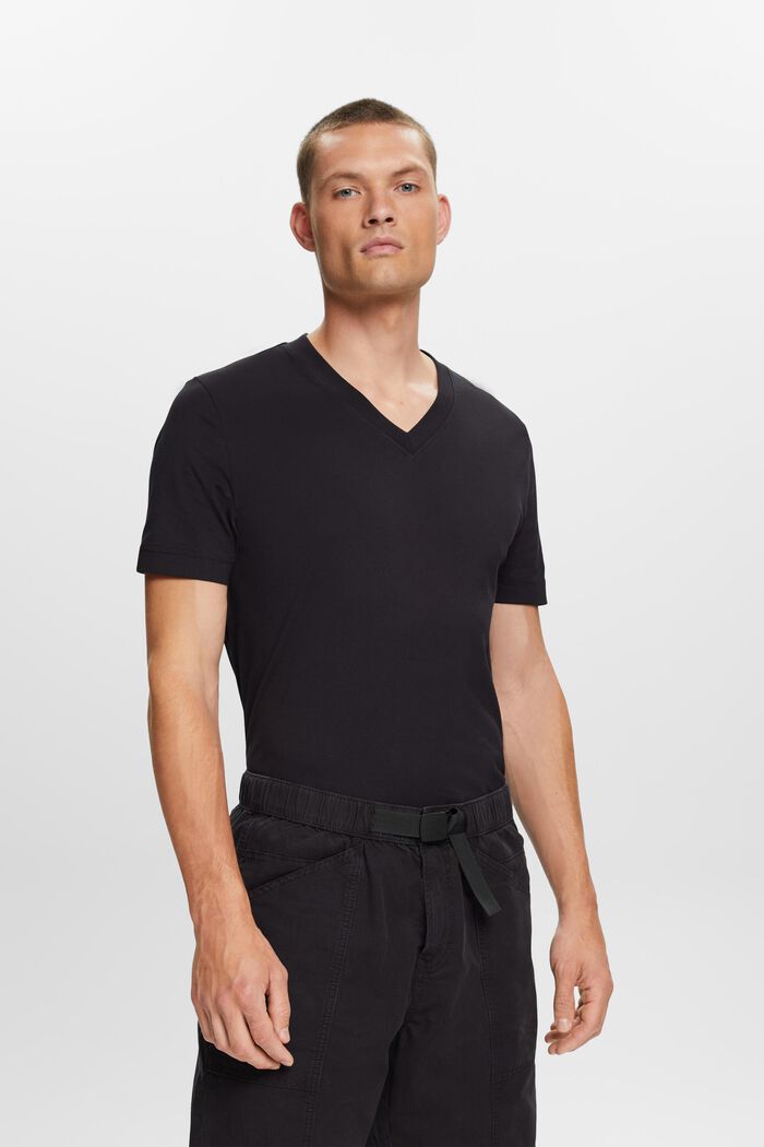 Jersey-T-Shirt mit V-Ausschnitt, 100 % Baumwolle, BLACK, detail image number 0