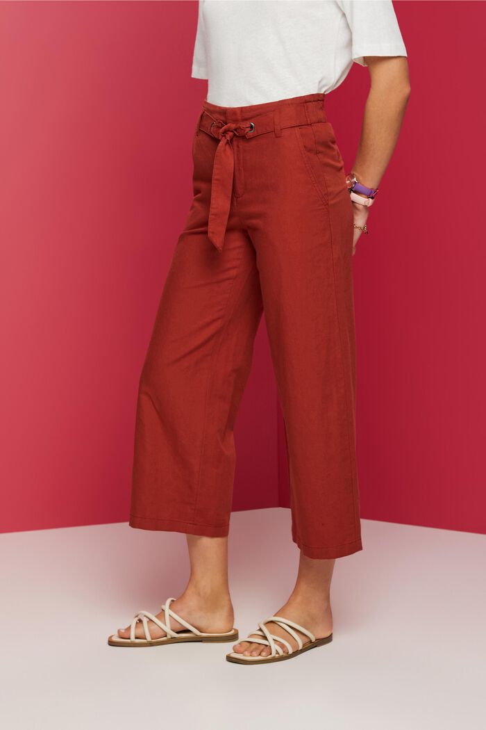 Jupe-culotte en coton et lin dotée d’une ceinture à nouer, TERRACOTTA, detail image number 0