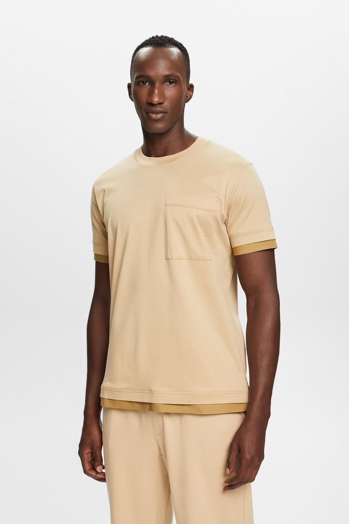 T-shirt à encolure ronde et effet superposé, 100 % coton, SAND, detail image number 0