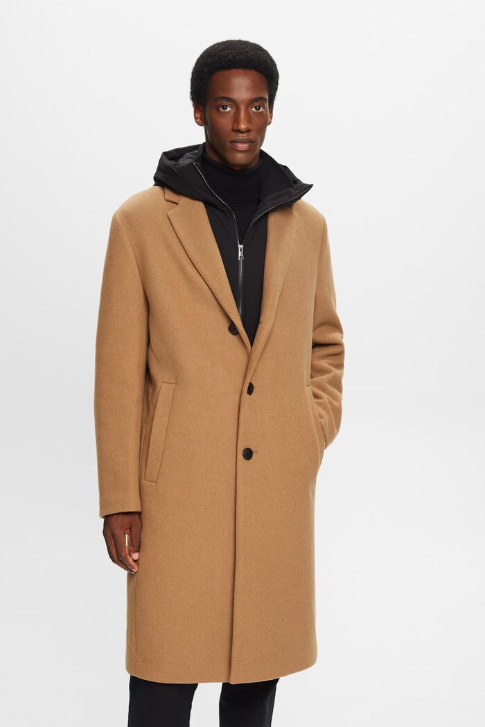 Manteau à capuche amovible en laine mélangée, CAMEL, detail image number 0