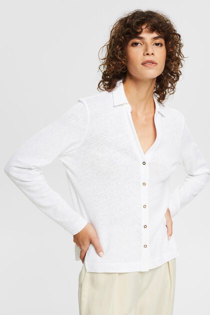 En lin mélangé : le t-shirt à manches longues et patte de boutonnage, WHITE, overview