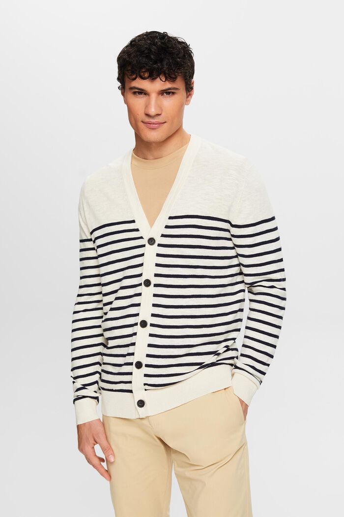 Cardigan style marinière en coton et lin, CREAM BEIGE, detail image number 0