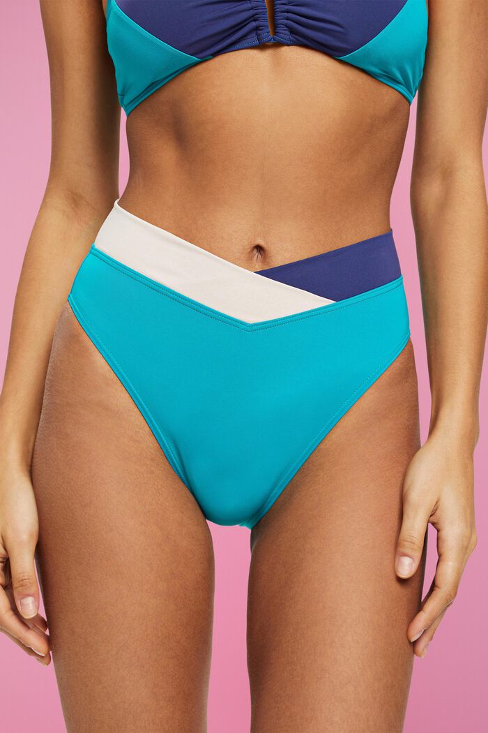 Bas de bikini taille mi-haute au design colour blocking, TEAL GREEN, detail image number 1