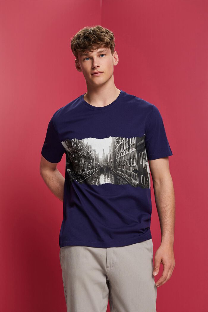 Rundhals-T-Shirt mit Print, 100 % Baumwolle, DARK BLUE, detail image number 0