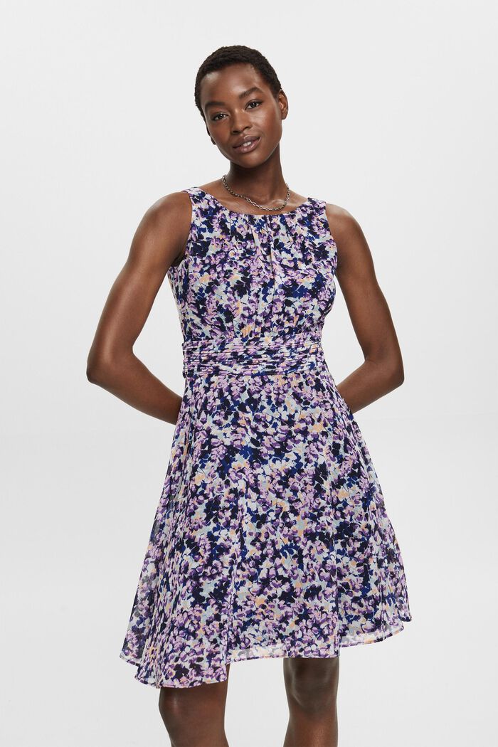 Recycelt: Chiffon-Kleid mit geraffter Taille, NAVY BLUE, detail image number 0