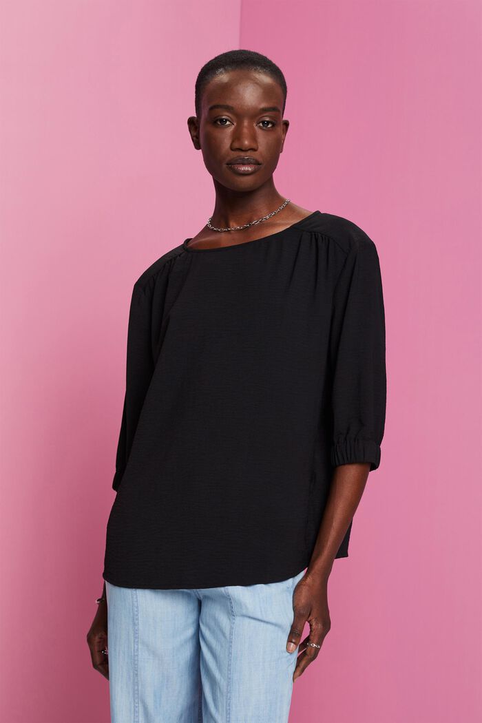 Crêpe-Bluse mit elastischen Ärmelabschlüssen, BLACK, detail image number 0