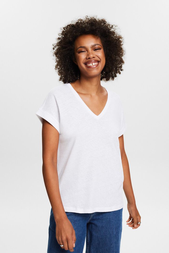 T-Shirt mit V-Ausschnitt aus Baumwolle-Leinen-Mix, WHITE, detail image number 0