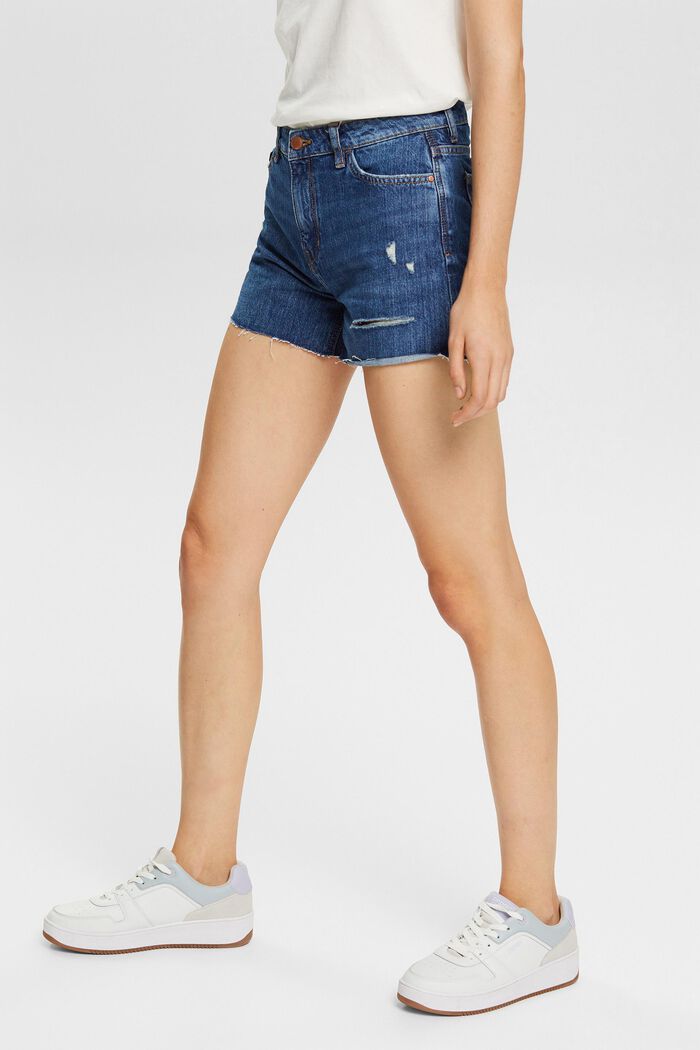 Jeans-Shorts im Used-Look, 100% Baumwolle, BLUE DARK WASHED, detail image number 1