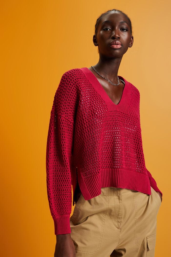 V-Ausschnitt-Pullover aus nachhaltiger Baumwollle, DARK PINK, detail image number 0