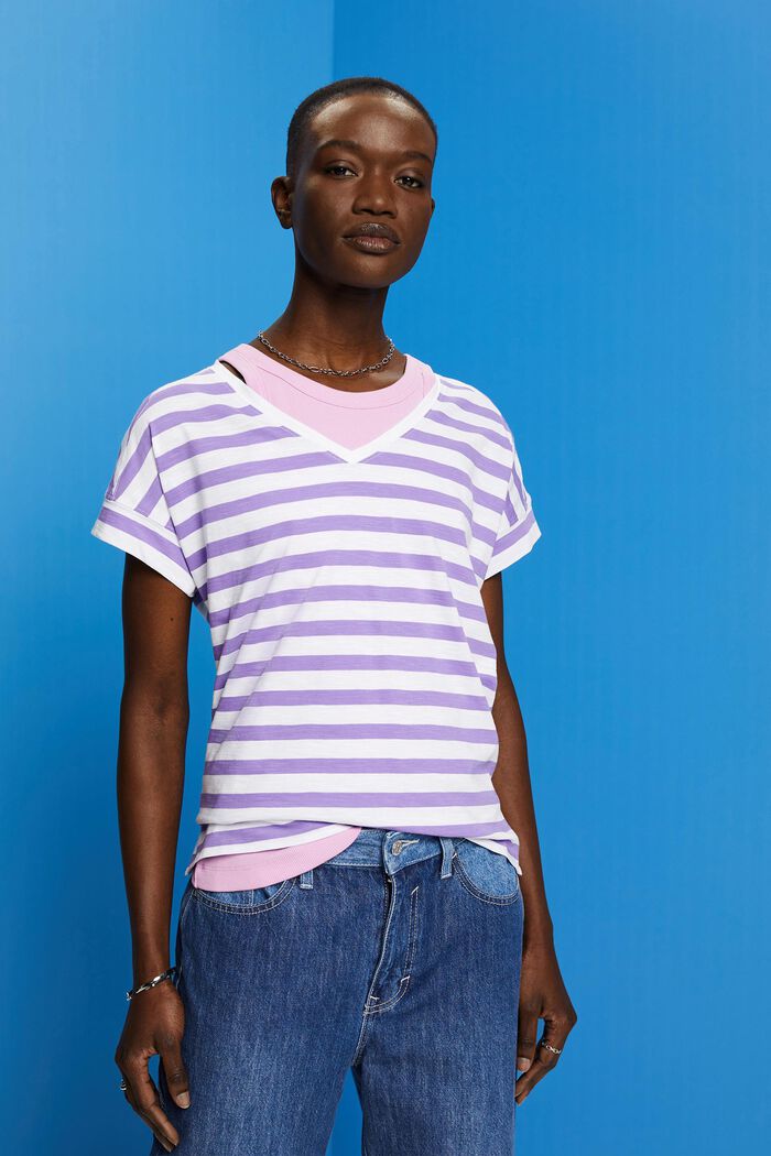Gestreiftes Baumwoll-T-Shirt mit V-Ausschnitt, PURPLE, detail image number 0