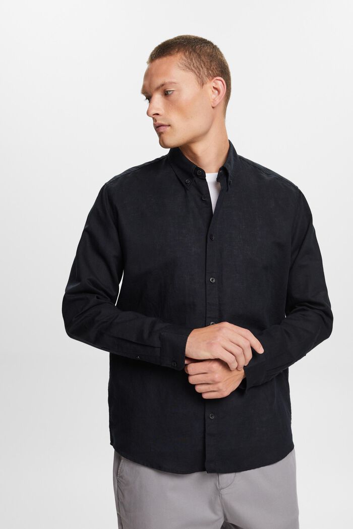 Button-Down-Hemd aus Baumwolle und Leinen, BLACK, detail image number 0