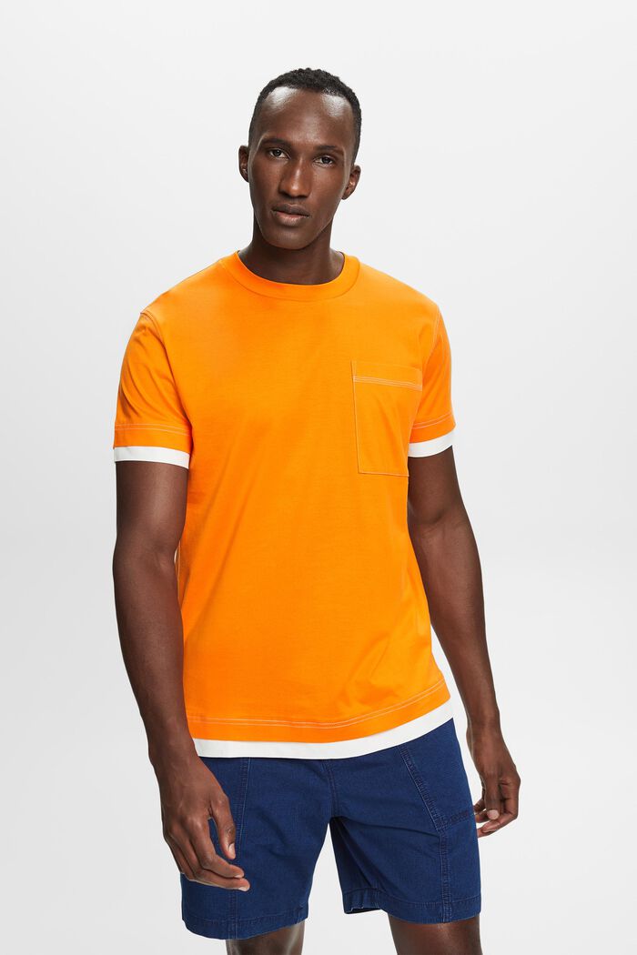 T-shirt à encolure ronde et effet superposé, 100 % coton, BRIGHT ORANGE, detail image number 0