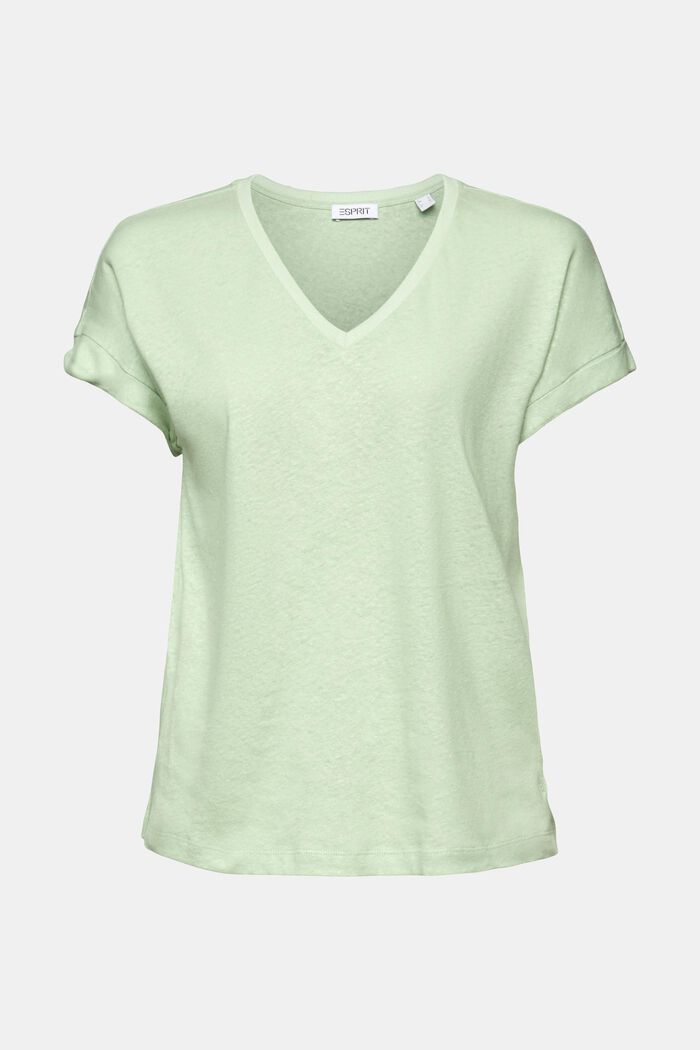 T-shirt à encolure en V en mélange de lin et coton, LIGHT GREEN, detail image number 5
