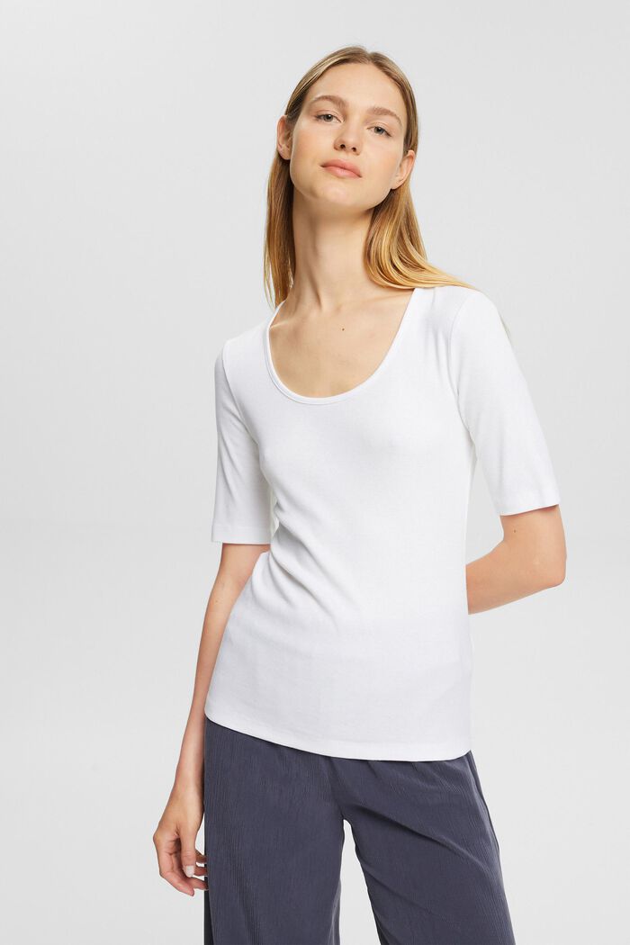 T-shirt finement côtelé, mélange de coton biologique, WHITE, detail image number 1