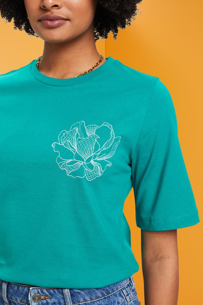 Baumwoll-T-Shirt mit floraler Stickerei, EMERALD GREEN, detail image number 2