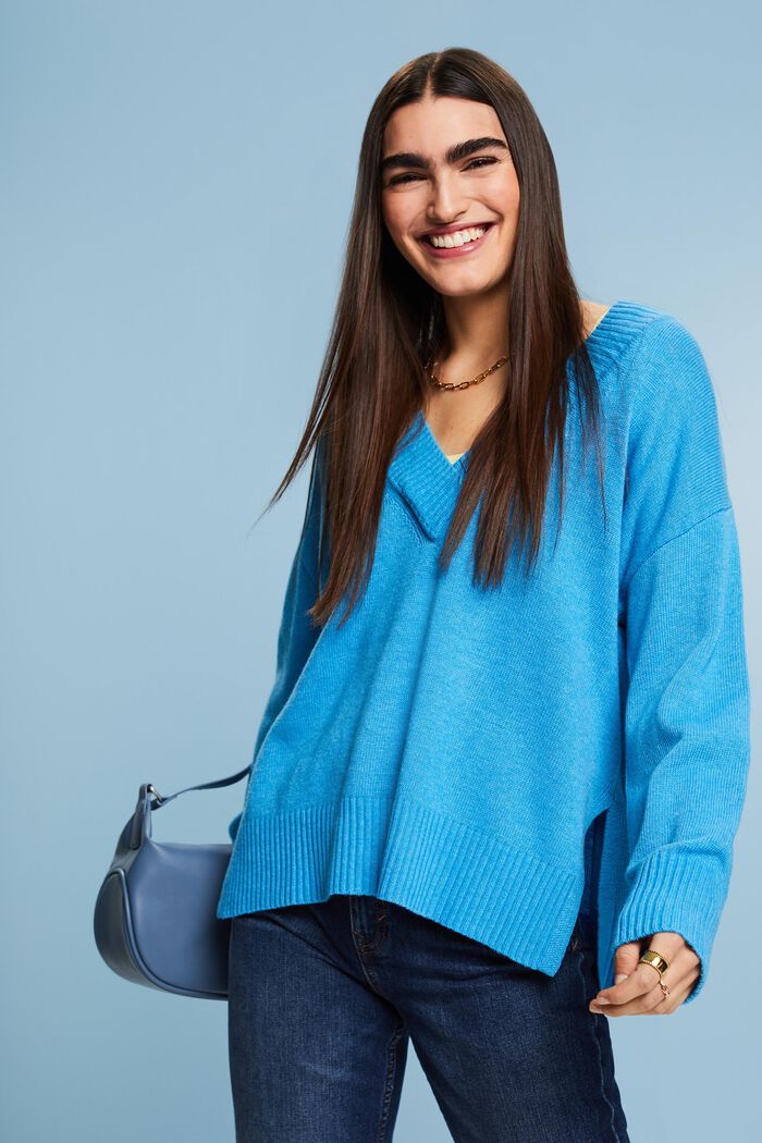 Pullover mit V-Ausschnitt aus Wolle-Kaschmir-Mix, BLUE, detail image number 0