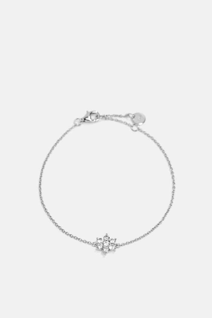 Bracelet orné d’une fleur pavée de pierres de zircon, argent sterling, SILVER, overview