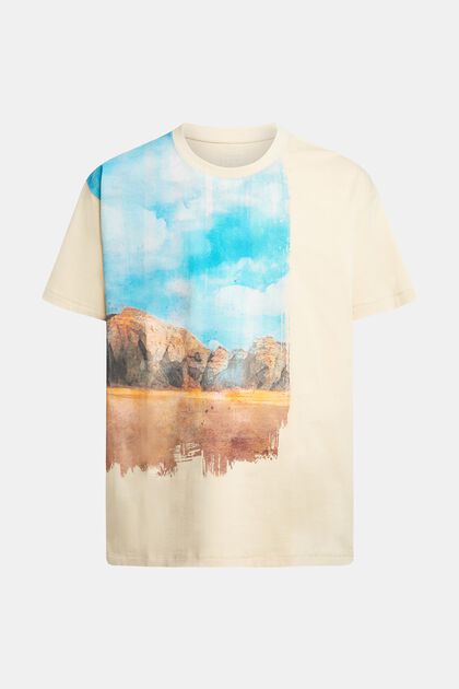 T-Shirt mit digitalem Landschafts-Print vorne, BEIGE, overview