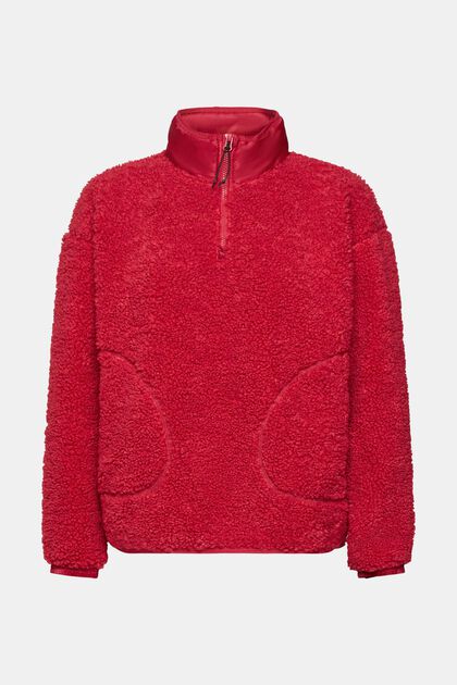 Sweat-shirt à demi-zip en polaire peluche, CHERRY RED, overview