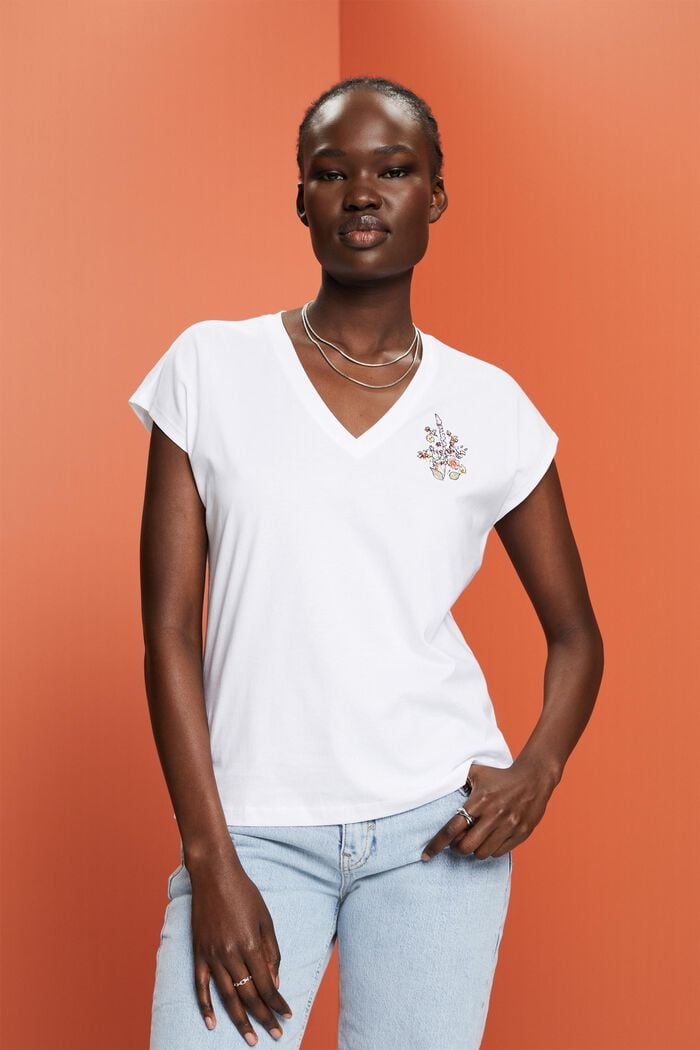 T-shirt brodé, 100 % coton, WHITE, detail image number 0