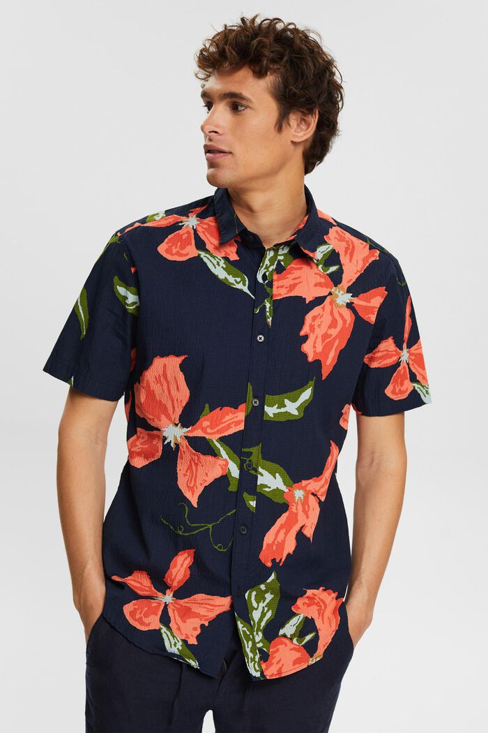 Seersucker-Hemd mit floralem Muster, NAVY, detail image number 0