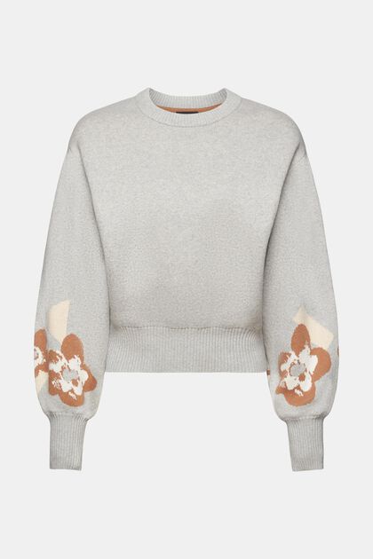 Cropped-Pullover mit Puffärmeln, floraler Jacquard, LIGHT GREY, overview