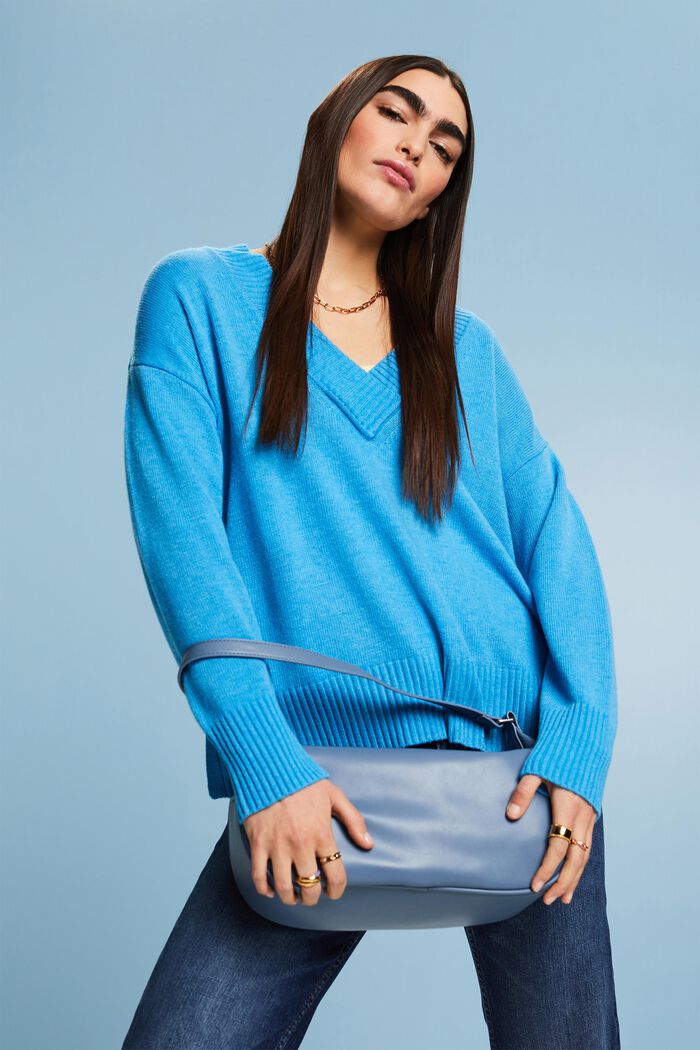 Pullover mit V-Ausschnitt aus Wolle-Kaschmir-Mix, BLUE, detail image number 4