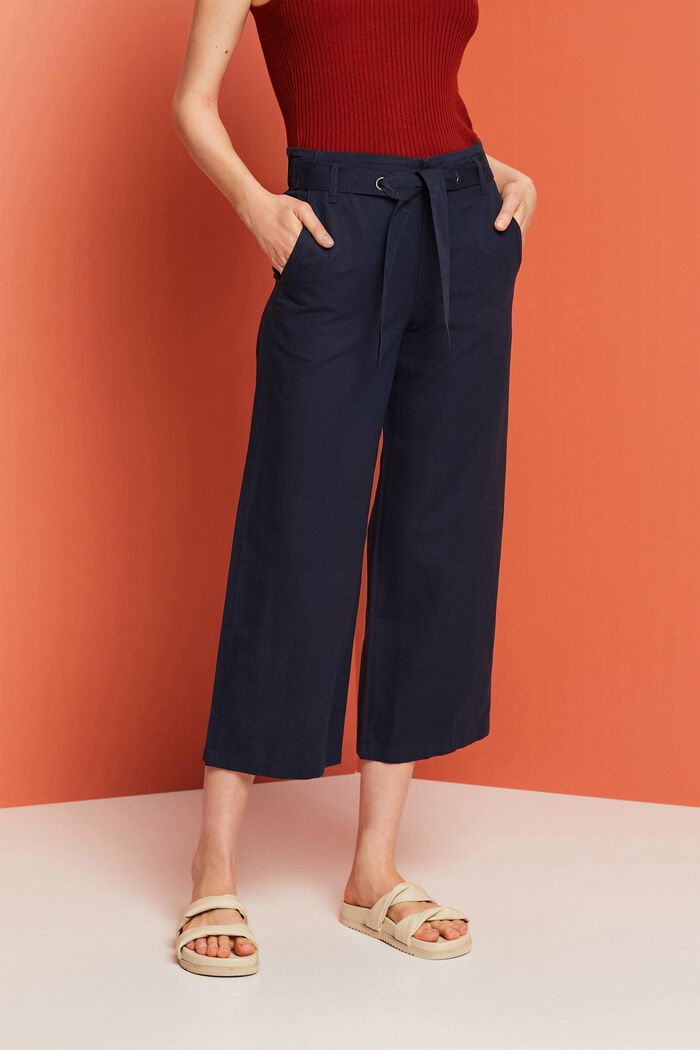 Jupe-culotte en coton et lin dotée d’une ceinture à nouer, NAVY, detail image number 0